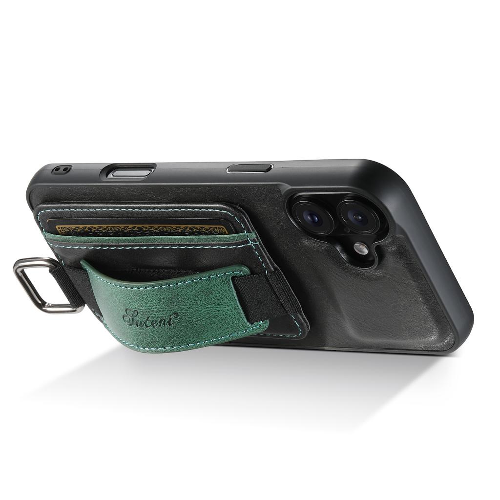SUTENI H13 For iPhone 16 Case Card Holder Wristband Waxy Texture Leather+TPU+PC Cover