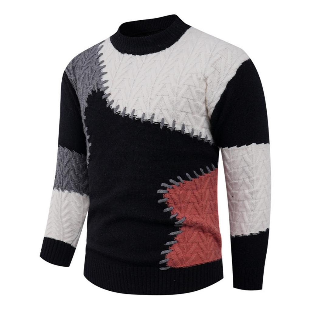 Men's Casual Color-blocked Sweater, Warm And Fashionable Pullover, Paired With A Round-neck Knitted Sweater Inside
