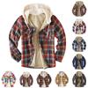 Men's Quilted Lined Button Down Plaid Shirt Add Velvet To Keep Warm Jacket With Hood