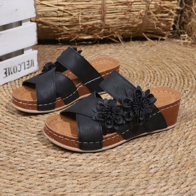 Модные женские сандалии на танкетке с цветами, летние, для улицы, винтажные, с перекрестным ремешком, с открытым носком, противоскользящая толстая подошва, повседневные женские
