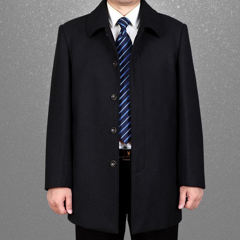 Men's Classic Wool Coat - Mid-Length, Thickened Cashmere for Autumn/Winter, Ideal for Middle-Aged & Elderly.