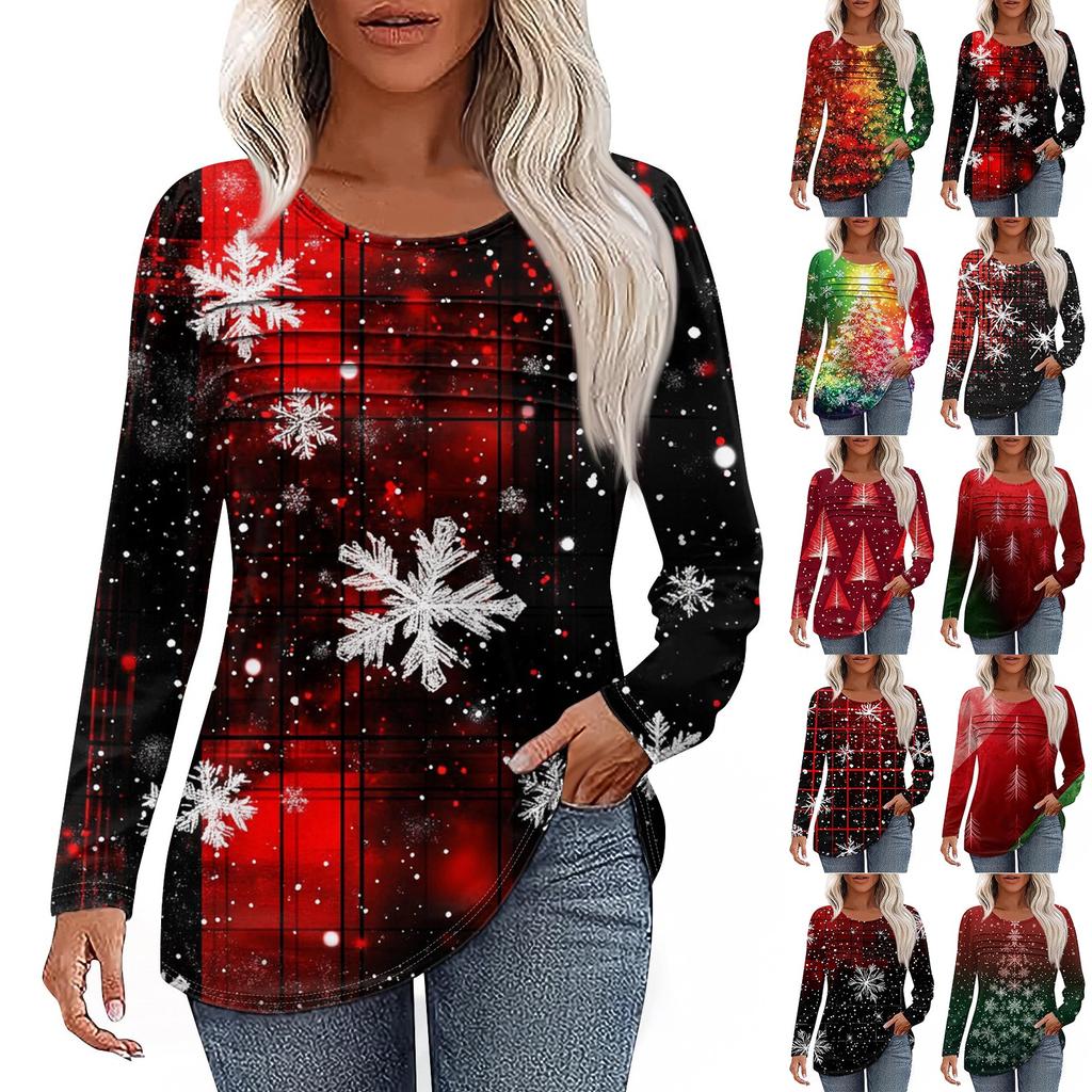 Ladies' Casual Fashion Printed Round Neck Long Pleated T-shirt Top Christmas