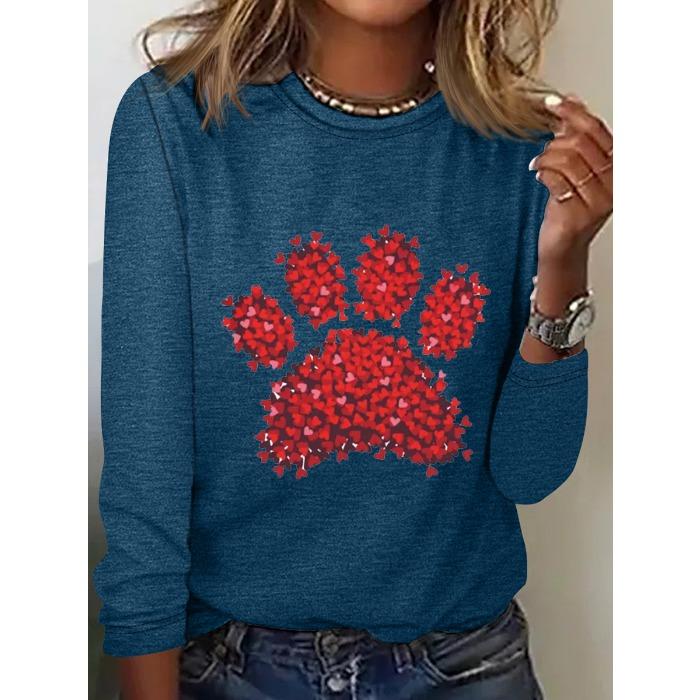 Round Neck 3D Printed Love Cat Footprint Pattern Top Fashionable Casual Long Sleeved Women's T-shirts