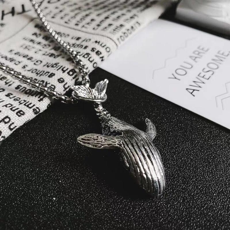 Ocean Vintage Oxidized Black 52HZ Whale Pendant Necklace With Stainless Stell Link Chain For Men Women Love Jewelry