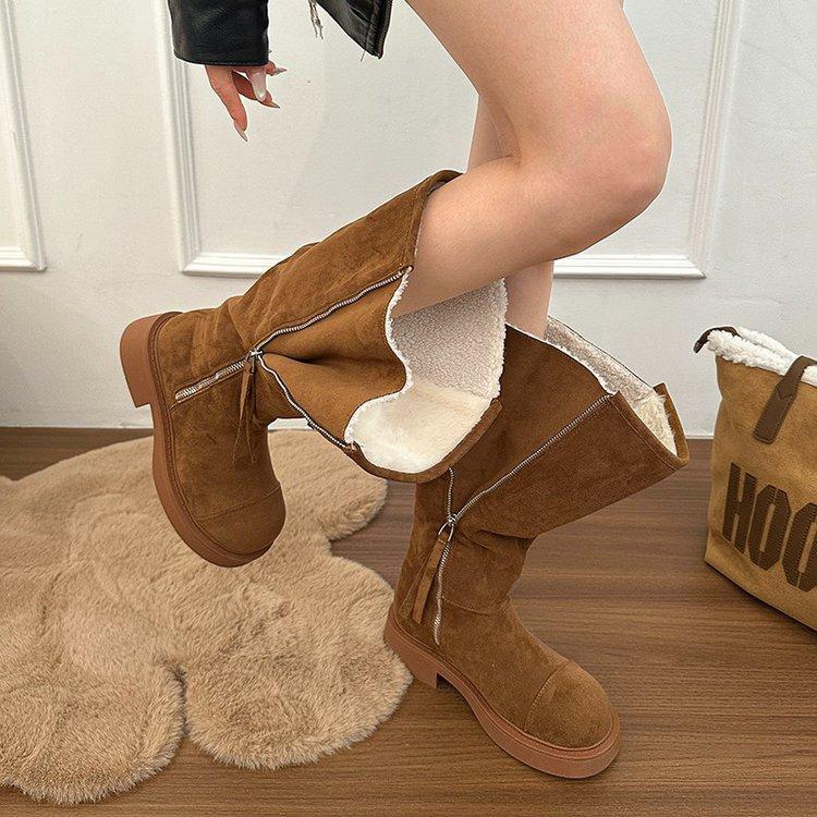 Версия из коровьей кожи~ ботинки-дутики с широким голенищем на толстой подошве из бархата женские 2025 новые цельномеховые теплые сапоги-рыцари длинные сапоги