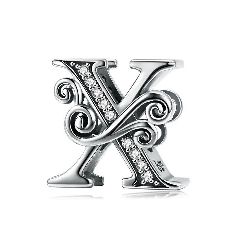 Bamoer Authentic 925 Sterling Silver Vintage Letter A To Z Zircon Bead Charms Fit Original Charm Bracelets DIY Jewelry
