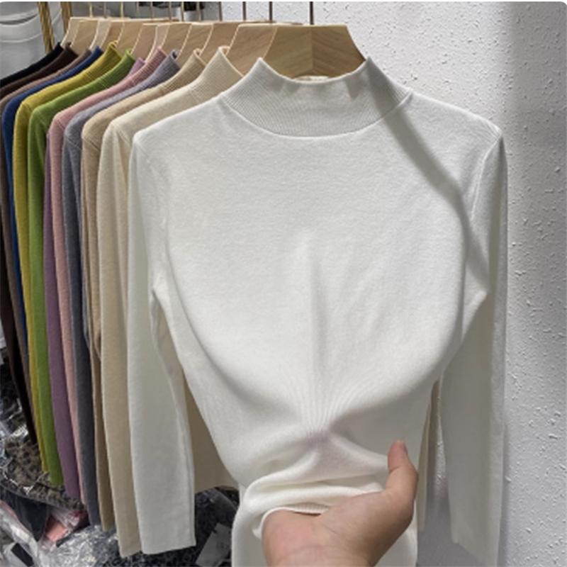 Осень-зима, длинный рукав, свитер, вязаный свитер, новая повседневная базовая рубашка, тонкий женский внутренний топ, полуводолазка, вязаные свитера, одежда 2579
