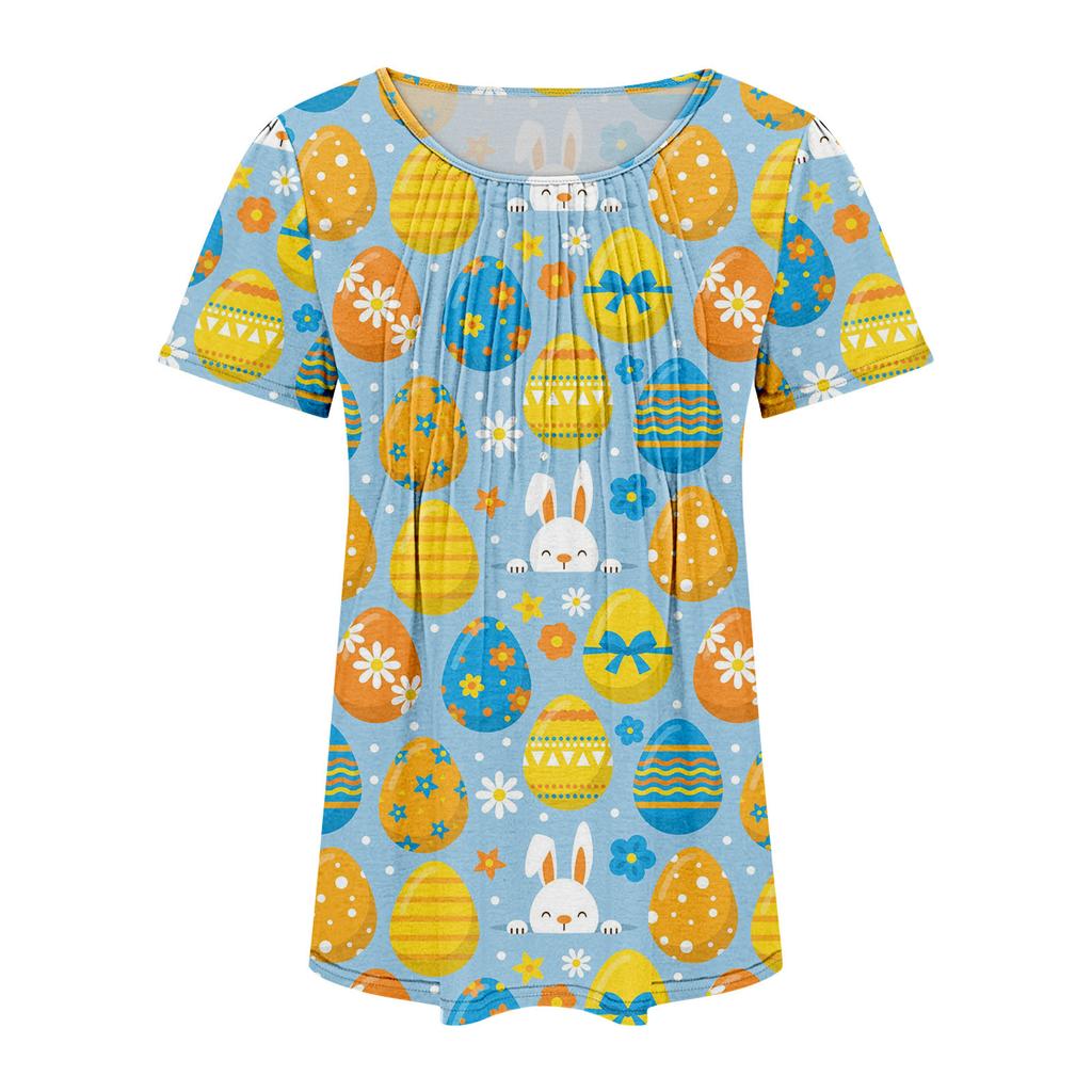 Ladies' Easter Printed Casual Pleated Round Short Sleeved T-shirt Top