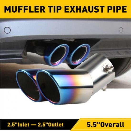 Inlet Dual Outlet Exhaust Tip Round Cut Burnt Blue Stainless Steel Bent 2.5"