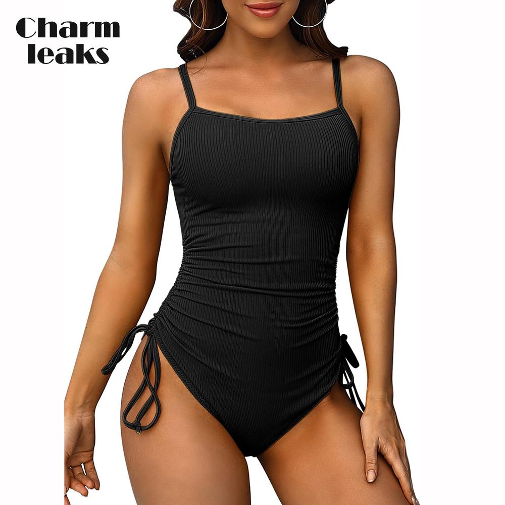 CHARMLEAKS Ribbed One Piece Swimsuits for Women Tie Side High Cut Bathing Suits Padded Monokinis