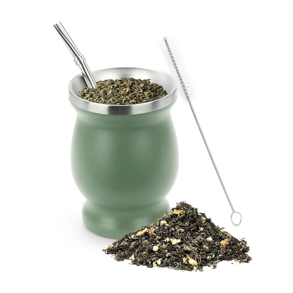 230ML Mate Cup 304 Stainless Steel Double Wall 8oz Portable Tea Mug Mate Tea Gourd with 2 In 1 Straw Spoon Give Cleaning Brush