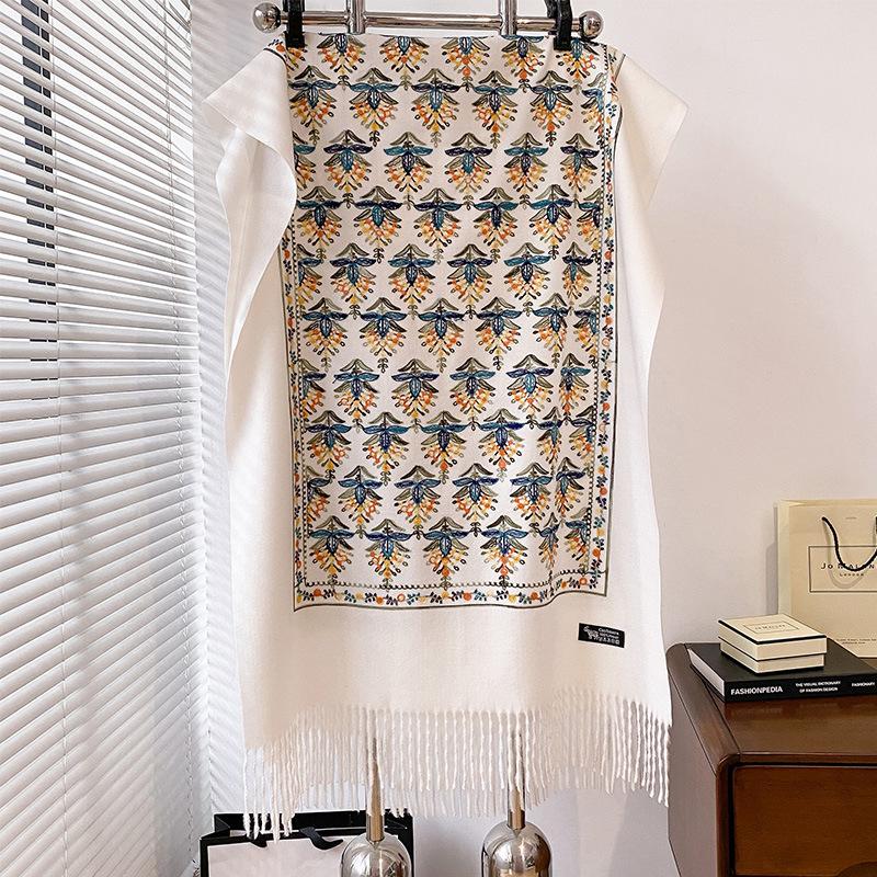 Женский вышитый теплый шарф в литературном ретро-этническом стиле, украшение из пряжи с бахромой