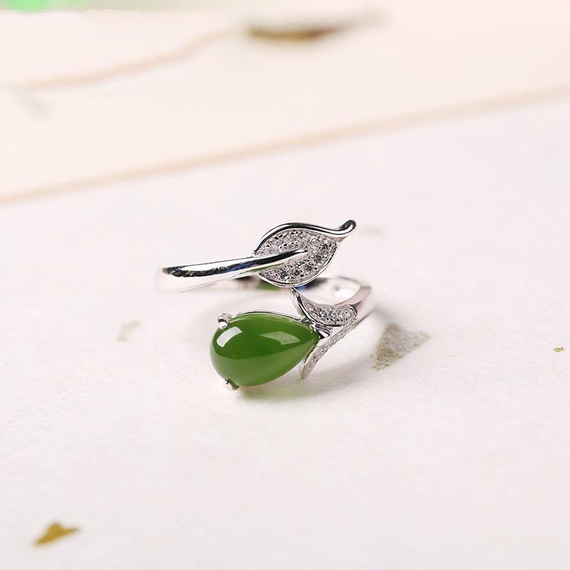 Оригинальное новое натуральное нефритовое листовидное кольцо-капля, открывающееся регулируемым способом, элегантное очарование, креативные ретро женские украшения