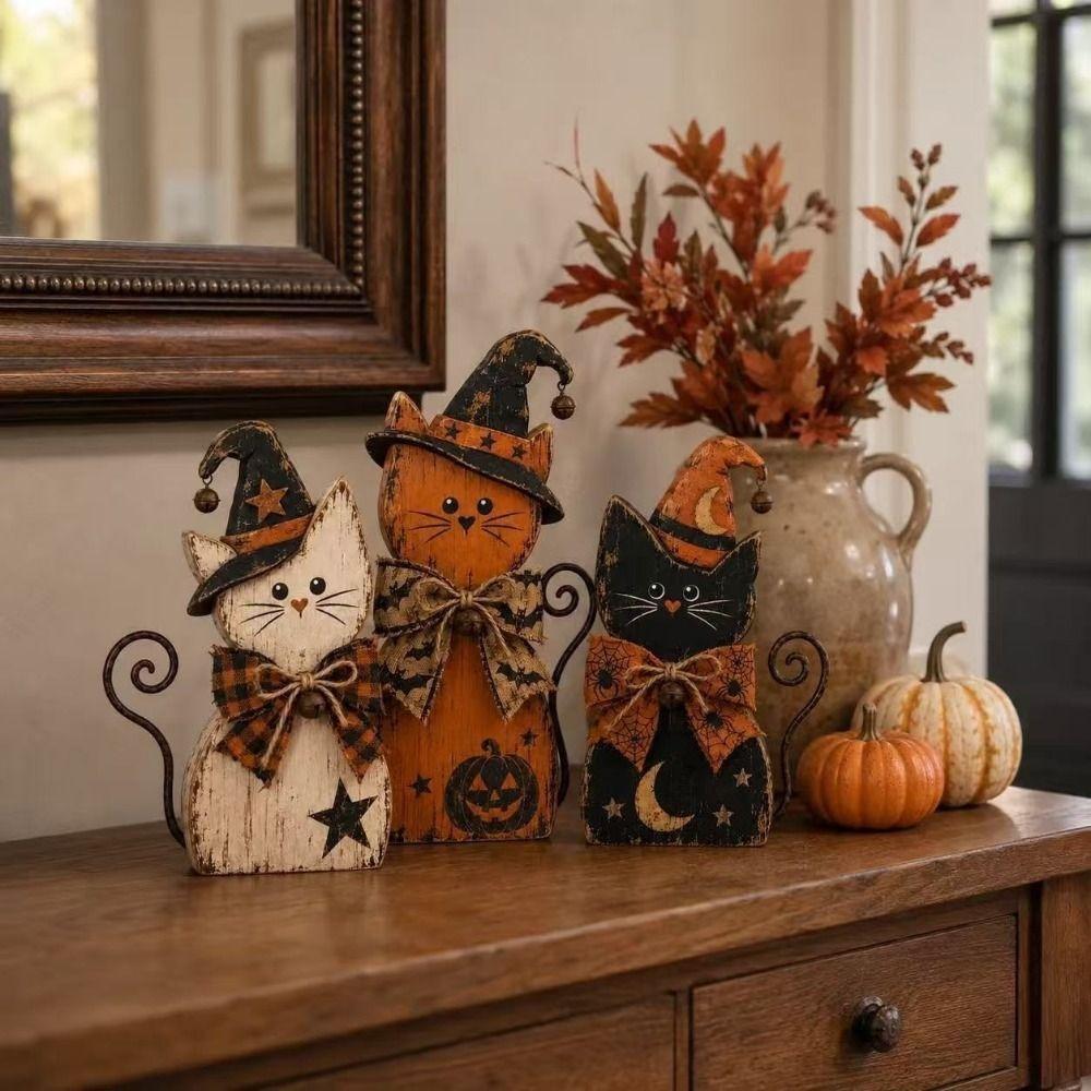 Rustic Witch Cat Decor Double Side Desktop Decoration Wooden Halloween Figurine Indoor Decor