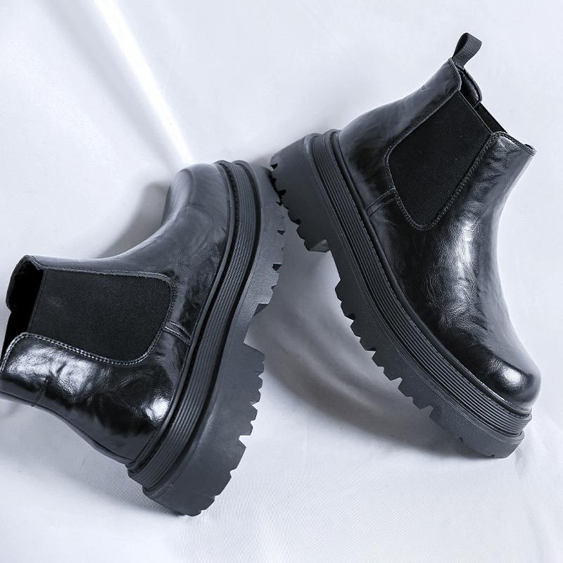Модные мужские повседневные кожаные ботинки челси в британском стиле, высокие деловые туфли, модные мужские ботильоны с толстой подошвой, туфли без застежек