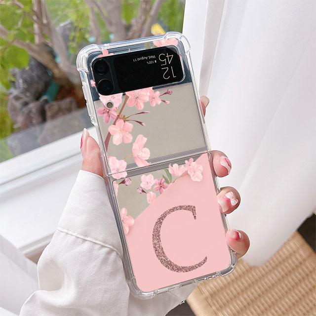 Чехол для Samsung Galaxy Z Flip 3 5G Funda Z Flip 4 Clear PC Hard Противоударный чехол для телефона с цветочным принтом и буквами розового цвета