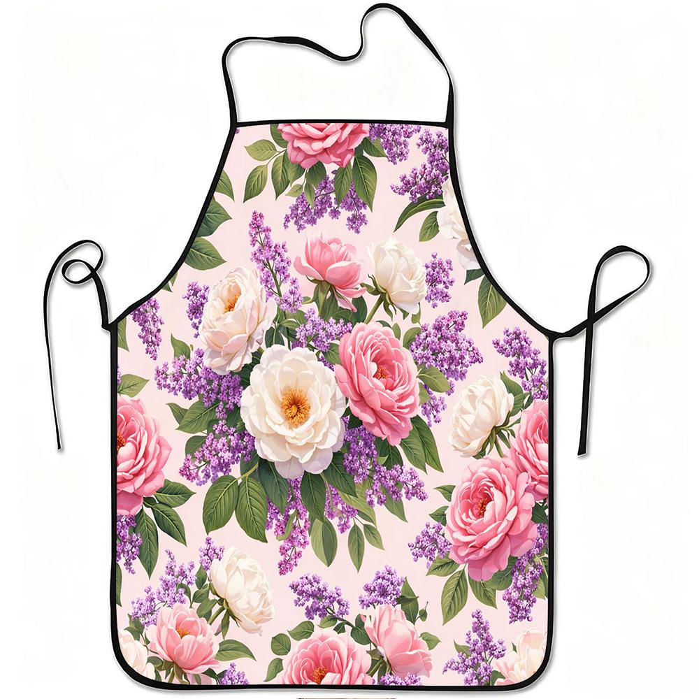 1pc Peony and Lilac Floral Print Apron, Durable and Easy to Clean, Adjustable Waistband, Polyester Material, for Kitchen Cooking, Gardening, Orchard P