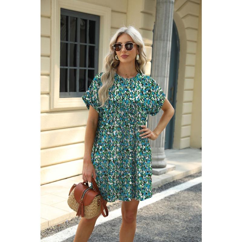 YYFS Женская мода лето весна цветочный узор принт короткий рукав О-образный вырез свободная талия повседневные платья