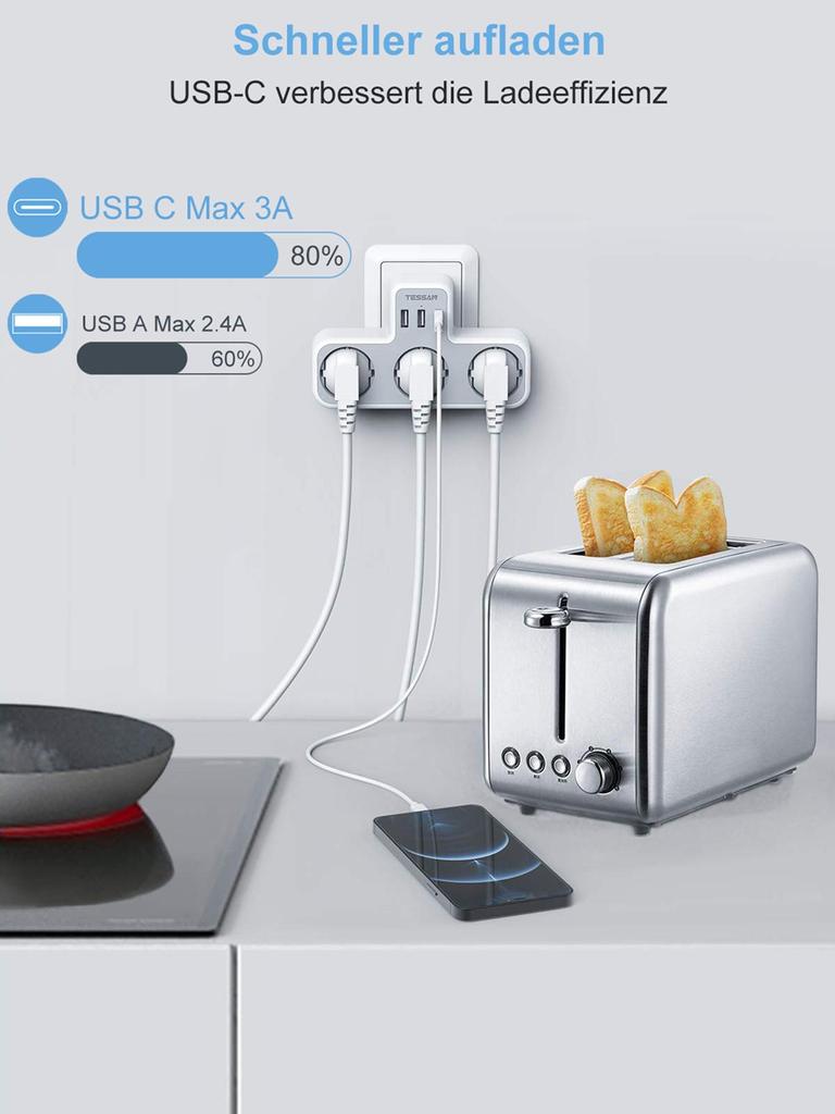 Tessan Multiple Power Strip Electrical EU Plug Extension Socket 3 Outlets with 2/3 USB Ports Wall Charger Adapter for Home Travel