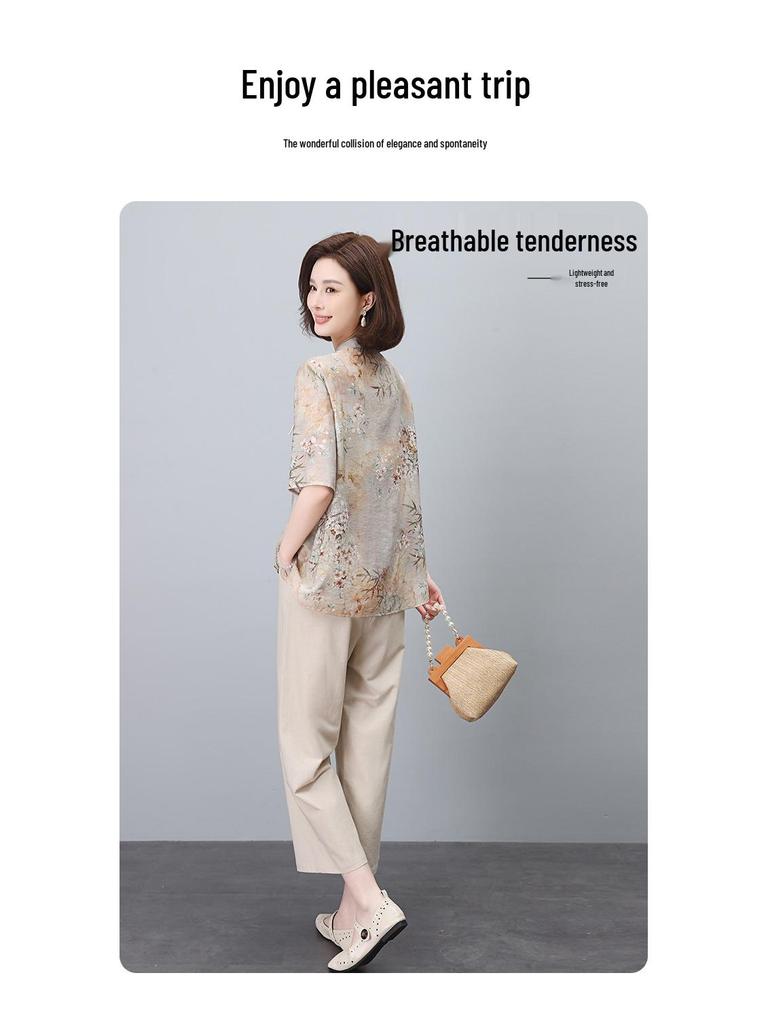 Летний женский костюм в национальном стиле из хлопка и льна, состоящий из двух предметов, для пышных фигур