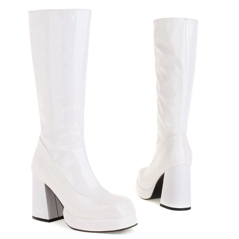 Модные женские сапоги на платформе, высокие сапоги до колена, осень-зима, лакированная кожа, женские сапоги на водонепроницаемом каблуке, белые, красные, фетиш-обувь для вечеринок