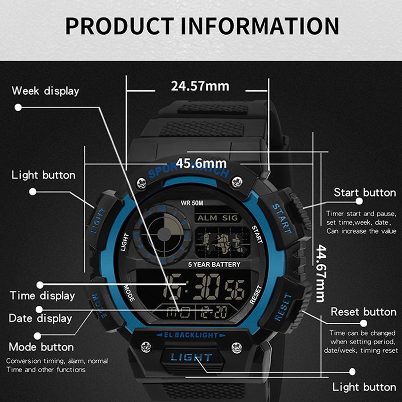 Мужские цифровые светодиодные часы Дата Спорт Мужские уличные электронные водонепроницаемые уличные спортивные фитнес-часы