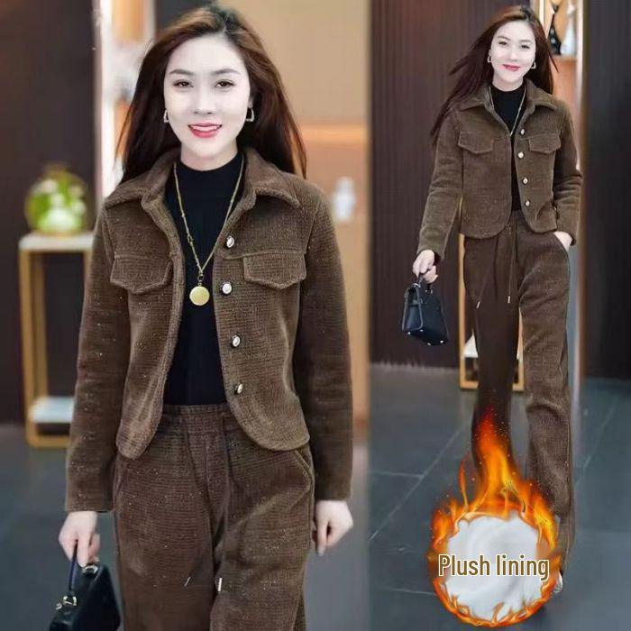 Модный женский комплект-двойка облегающего кроя на флисовой подкладке: Осень/Зима 2025 Куртка и Брюки