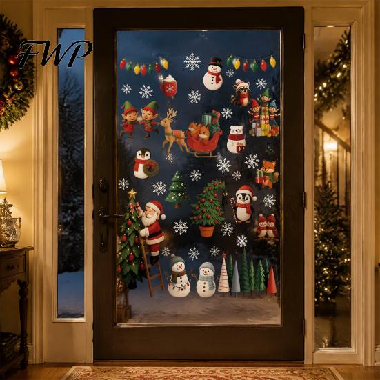 Waterproof Wall Decor for Entryway 2Pcs Christmas Static Window Cling Stickers, PVC Removable Snowman Penguin Modern Decals Home Bell Glass,