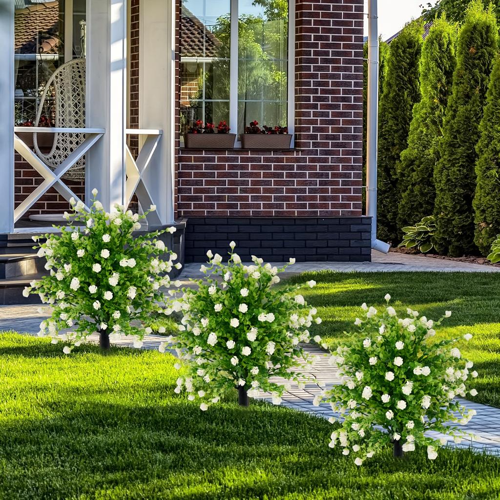 2 шт. Уличные искусственные зеленые деревья с искусственным эвкалиптом и цветами камелии, включая грунтовые колышки - Идеально для сада, патио, всесезонного декора