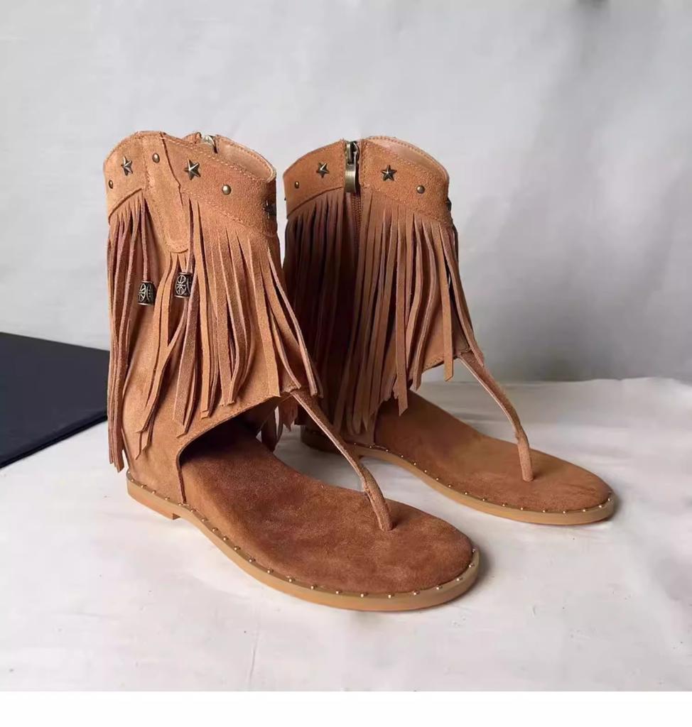 Spot second hair! Tassel rivet herringbone clip sandals new inner height increase side zipper Roman cool boots western boots