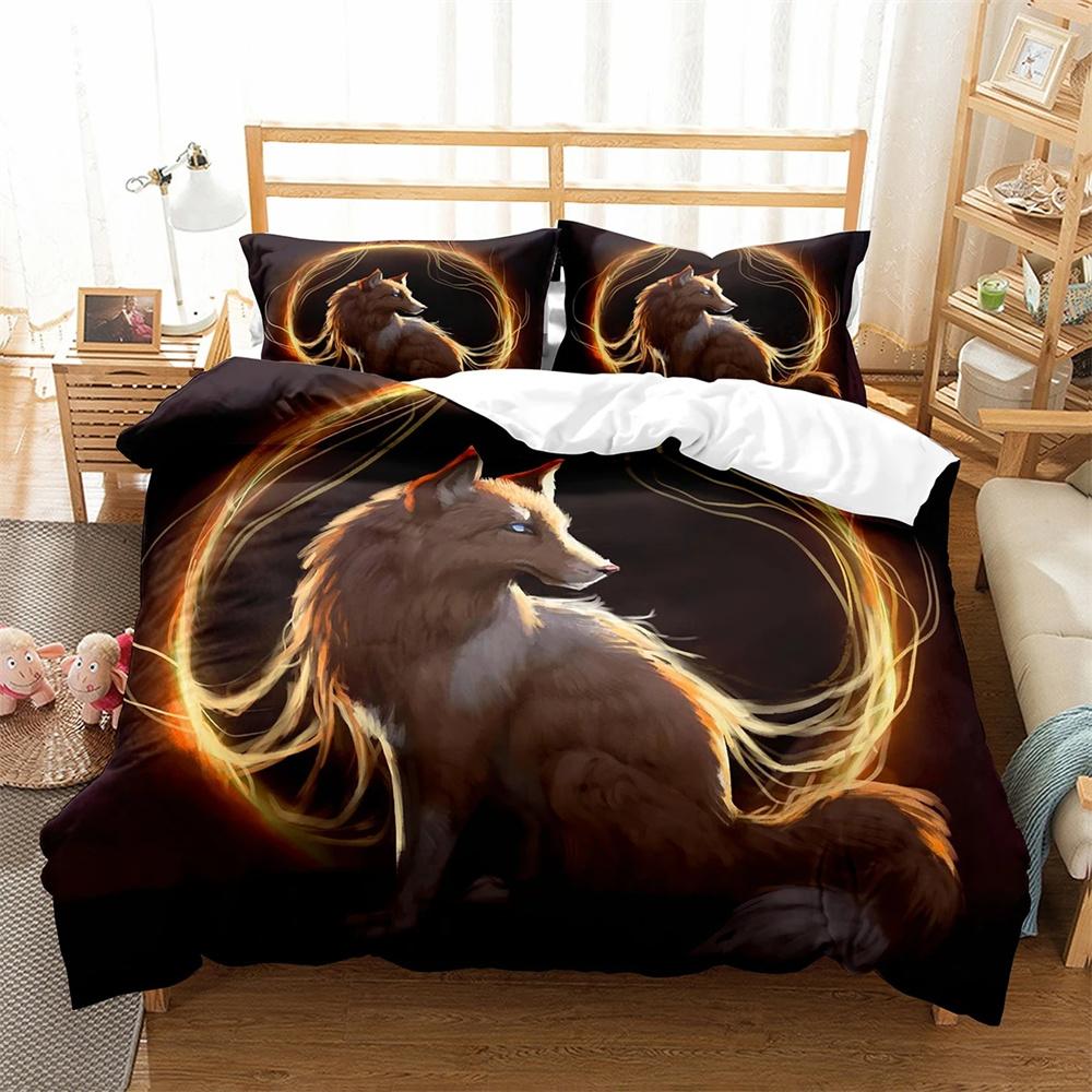 Fox Duvet Cover Collection Cartoon Cute Fox Polyester Comforter Cover King Queen Full Size For Kid Boy Girl Bedding Collection With Pillowcase