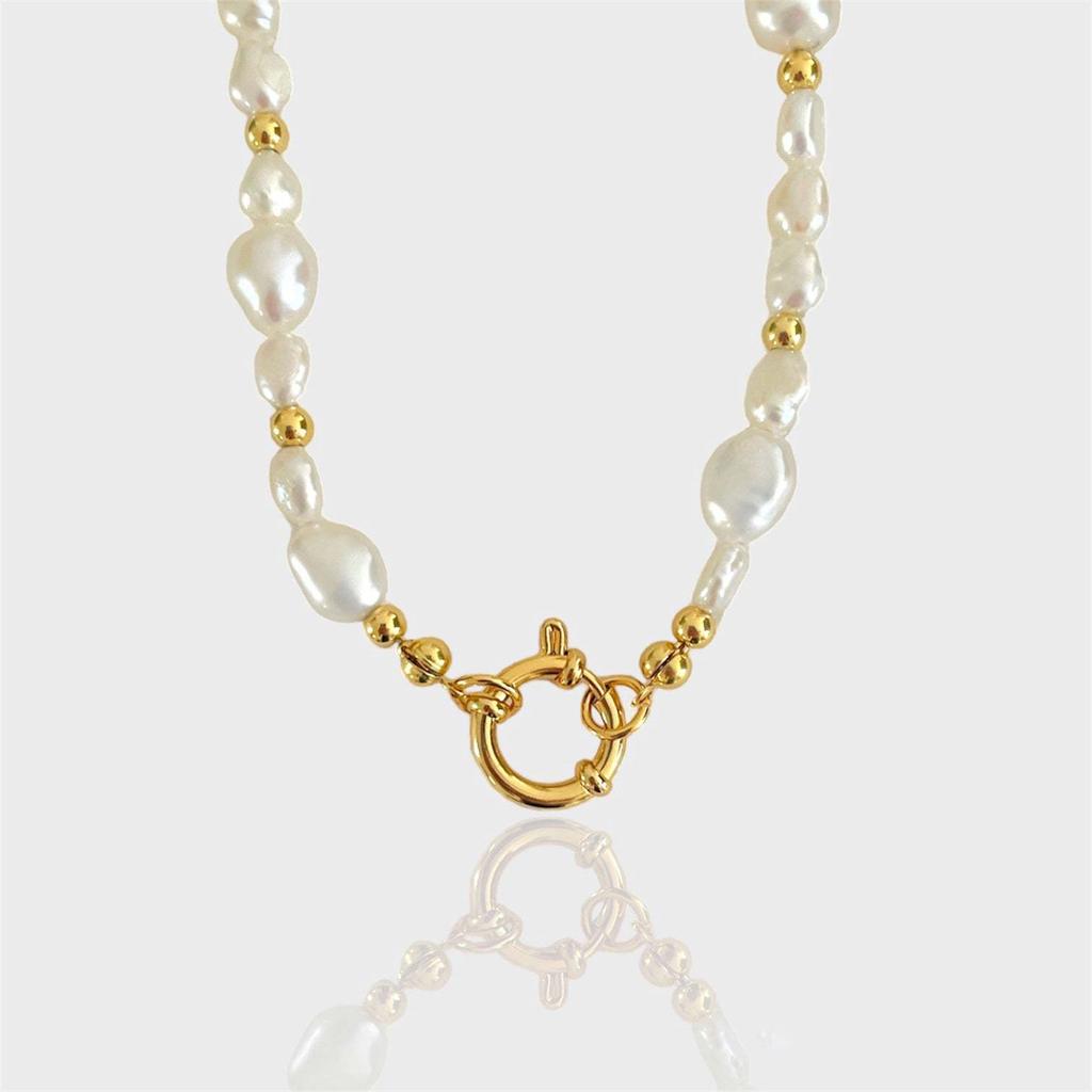 Titanium Steel Furnace Vacuum Plating 18K Real Gold Spring Buckle Opening Ring Pearl Paperclip Removable Base Chain