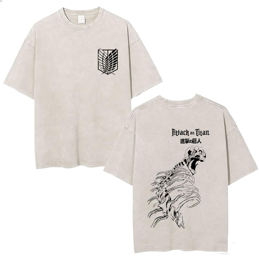Washed Vintage Anime Attack on Titan Eren Jaeger Skeleton Graphic T Shirt Men Women Cartoon Manga Oversized Tshirts Streetwear