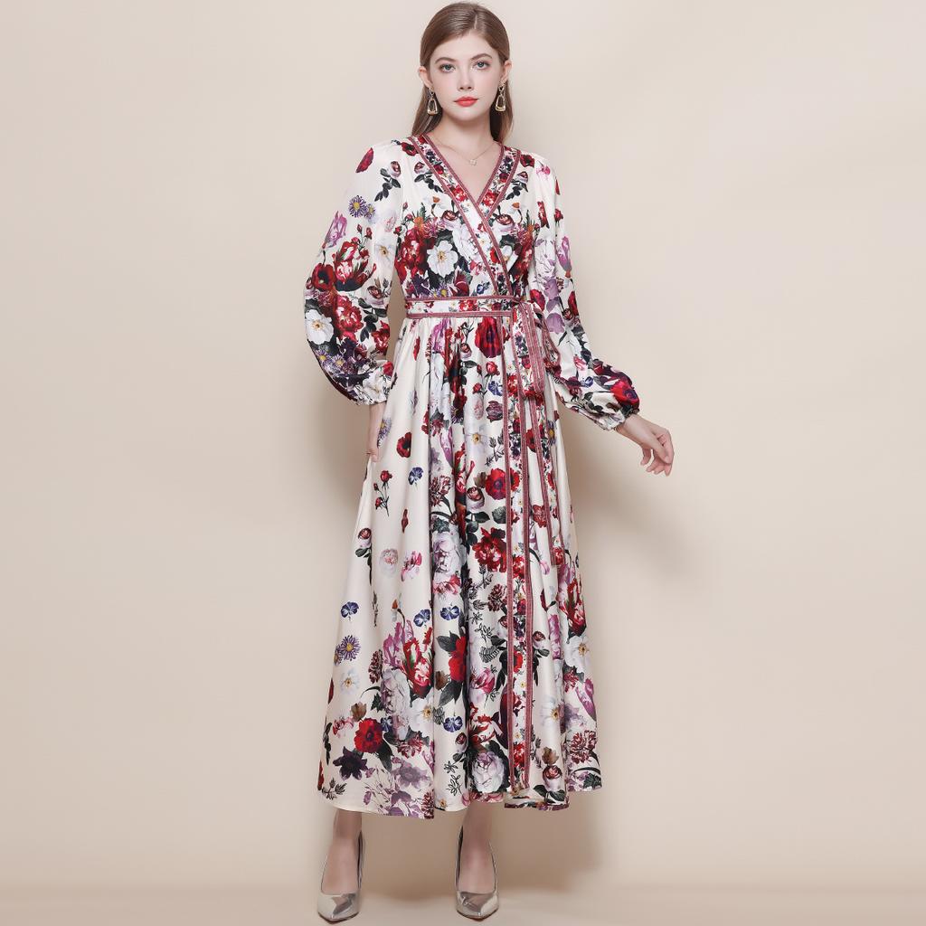 Весенние Винтажные Цветочные Макси-Платья для Женщин Подиумные Скрещенный V-образный Вырез Длинный Рукав-Фонарик Пояса Пляжное Праздничное Платье Бохо Халат