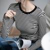 Чистый хлопок Полоски Контрастного цвета Круглый вырез Тонкая Базовая рубашка для женщин Осень Новая Универсальная Внутренняя Футболка С Длинными Рукавами