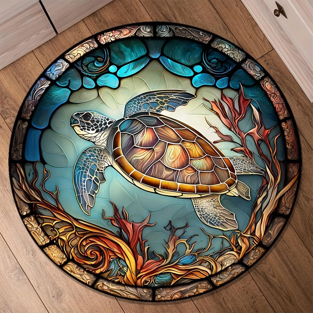 1pc Coral Turtle Pattern Round Rug, Non-slip Floor Mat for Living Room, Bedroom, Bathroom, Holiday Home Decoration