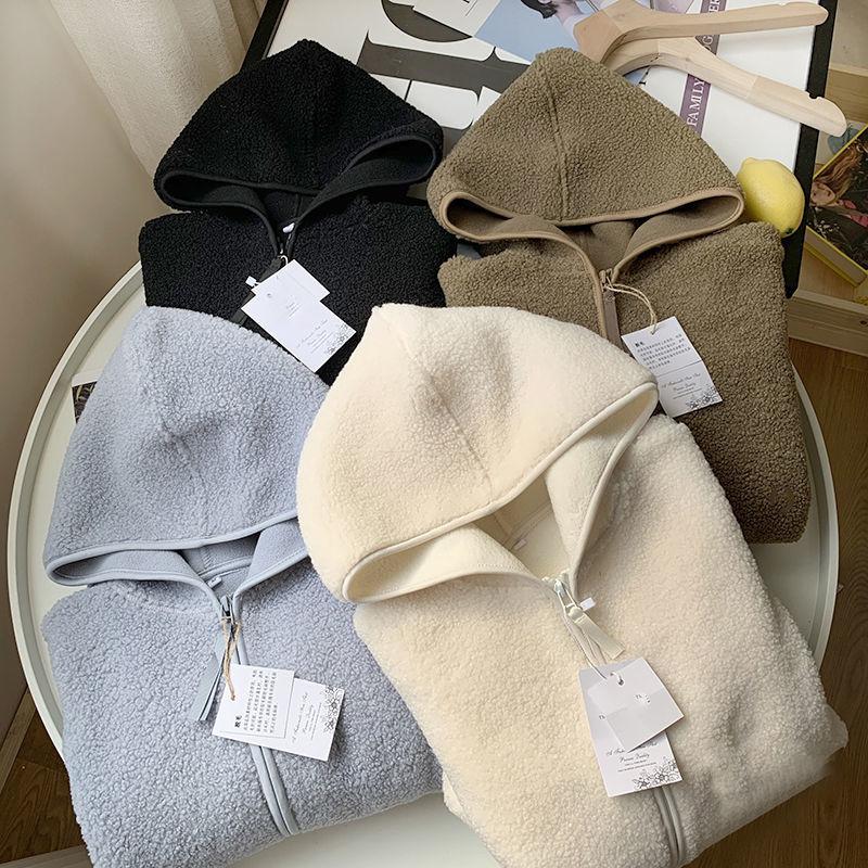 Autumn Winter Imitation Lamb Wool Coat Women Warm Polar Fleece Thicken Hooded Short Outerwear Woman Loose Cardigan Tops