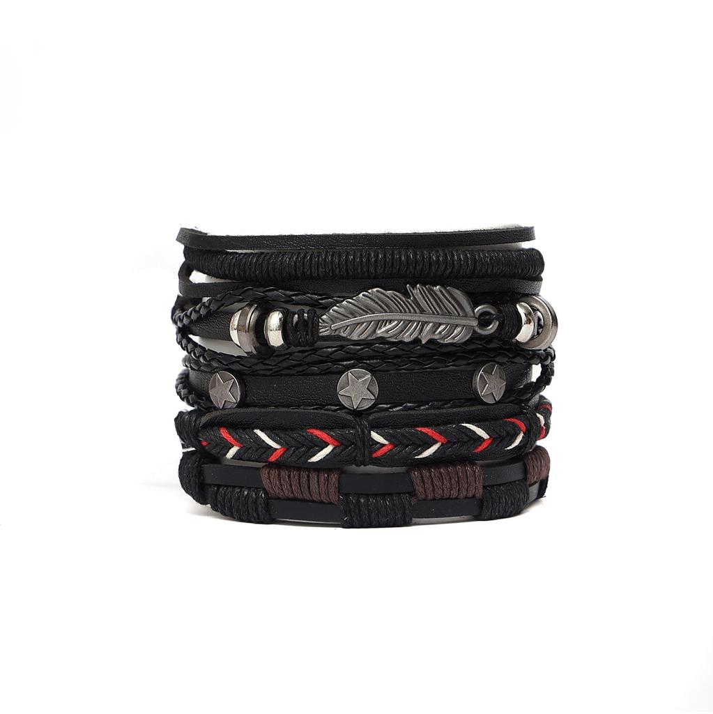 Винтажный многослойный эластичный мужской браслет с листьями и звездами - набор из 6 штук