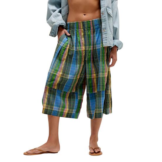 Women's Summer Boho Plaid Culotte Pants Casual Wide Leg Palazzo Trousers Baggy Cropped Gingham Capris Pants with Pockets