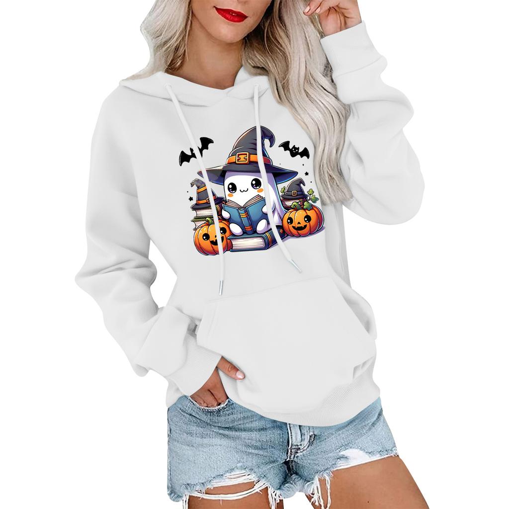 Женский модный, повседневный, удобный свитер с круглым вырезом, капюшоном, длинными рукавами и принтом на Хэллоуин