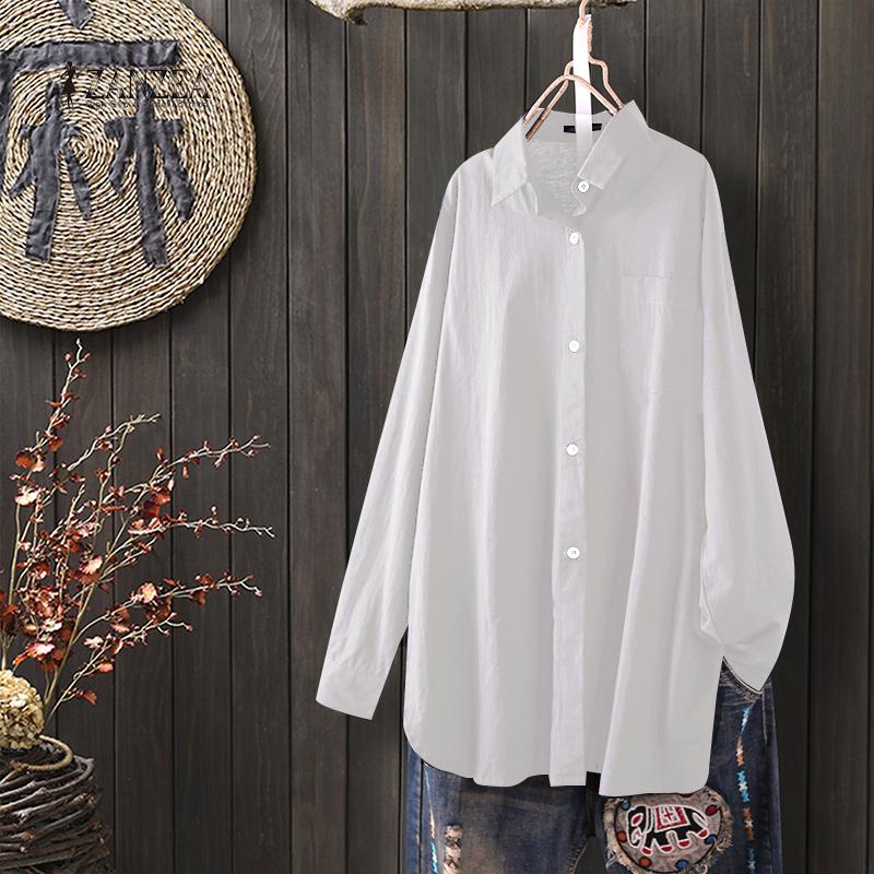 ZANZEA Vintage Women Lapel Neck Button Front Tunic Shirts Loose Casual Long Sleeve Irregular Blouse Tops