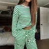 Womens Striped 2-Piece Set Round Neck Long Sleeve Top High Waist Loose Pants Casual Outfit