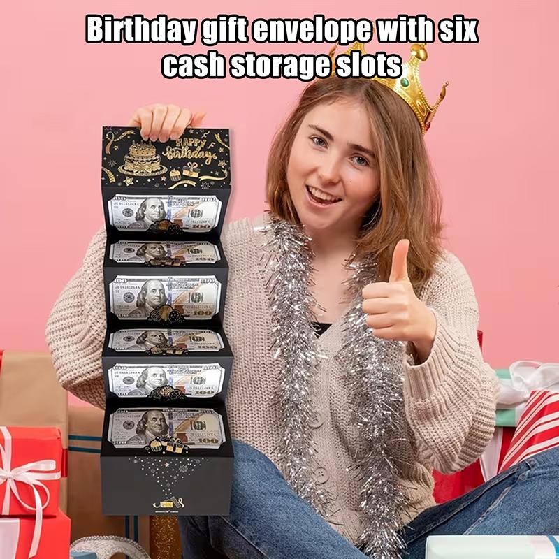 Black And Gold-Edged Birthday Gift Envelope With 6 Cash Slots And A Self-Sealing Design, Suitable For Both Cash And Cards