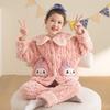 Girls Thick Coral Fleece Pajama Set With Cartoon Print Long Sleeve Sleepwear Winter Home Wear