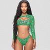 Hollow Out Printed Swimsuit Three Piece Set Sexy Green Leopard Dot Long Sleeve Bikini Sets