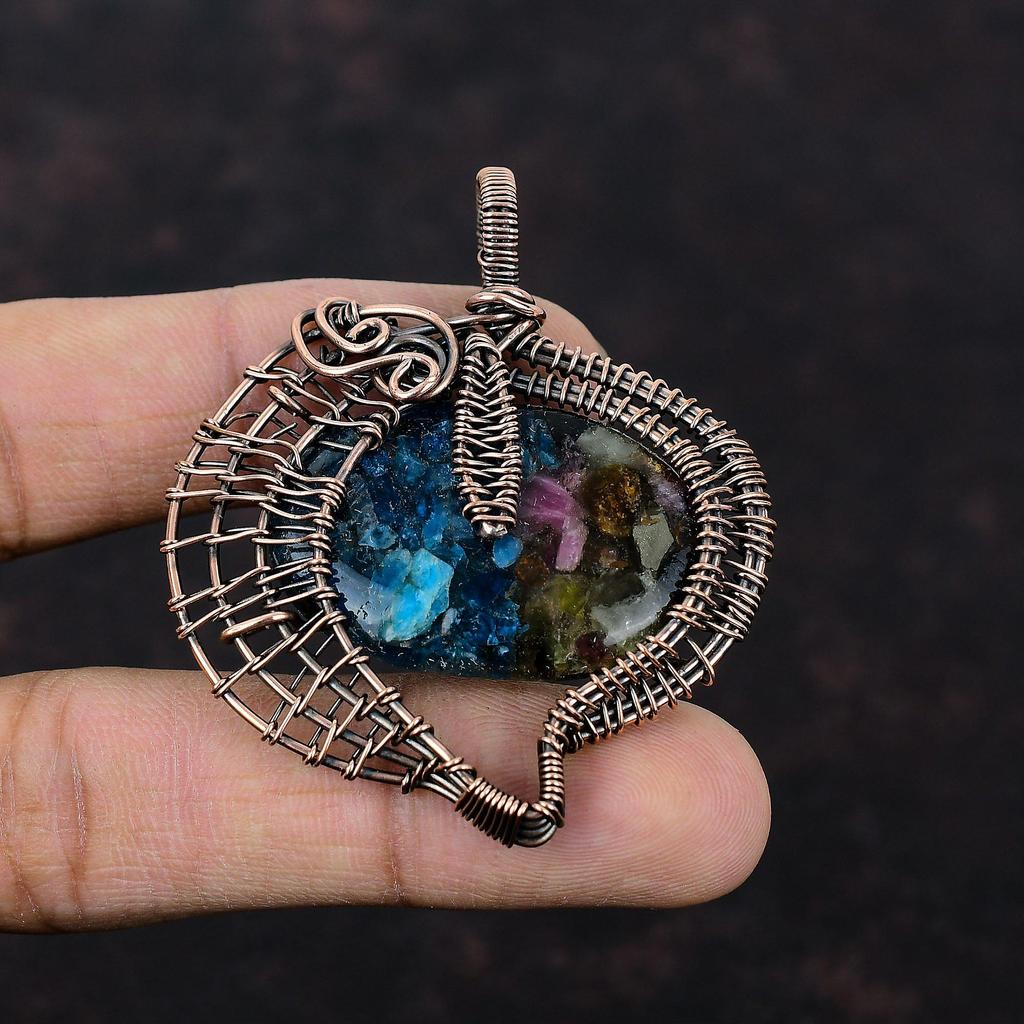 Подвеска с арбузным турмалином, подвеска из медной проволоки, изящная подвеска, ювелирное изделие из медной проволоки, подвеска ручной работы, драгоценный камень, ювелирное изделие для подарка