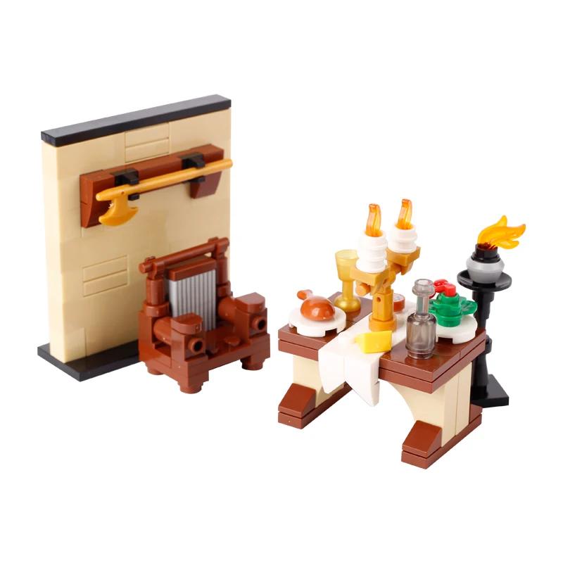 MOC Средневековый Город Строительный Блок Кухня Дом Мебель Спальня Столовая Фигурки Солдат Шлем Сборка Кирпичи для Скота Игрушки