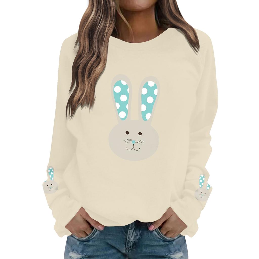 Женская мода повседневная толстовка с длинным рукавом и круглым вырезом с принтом пасхального кролика