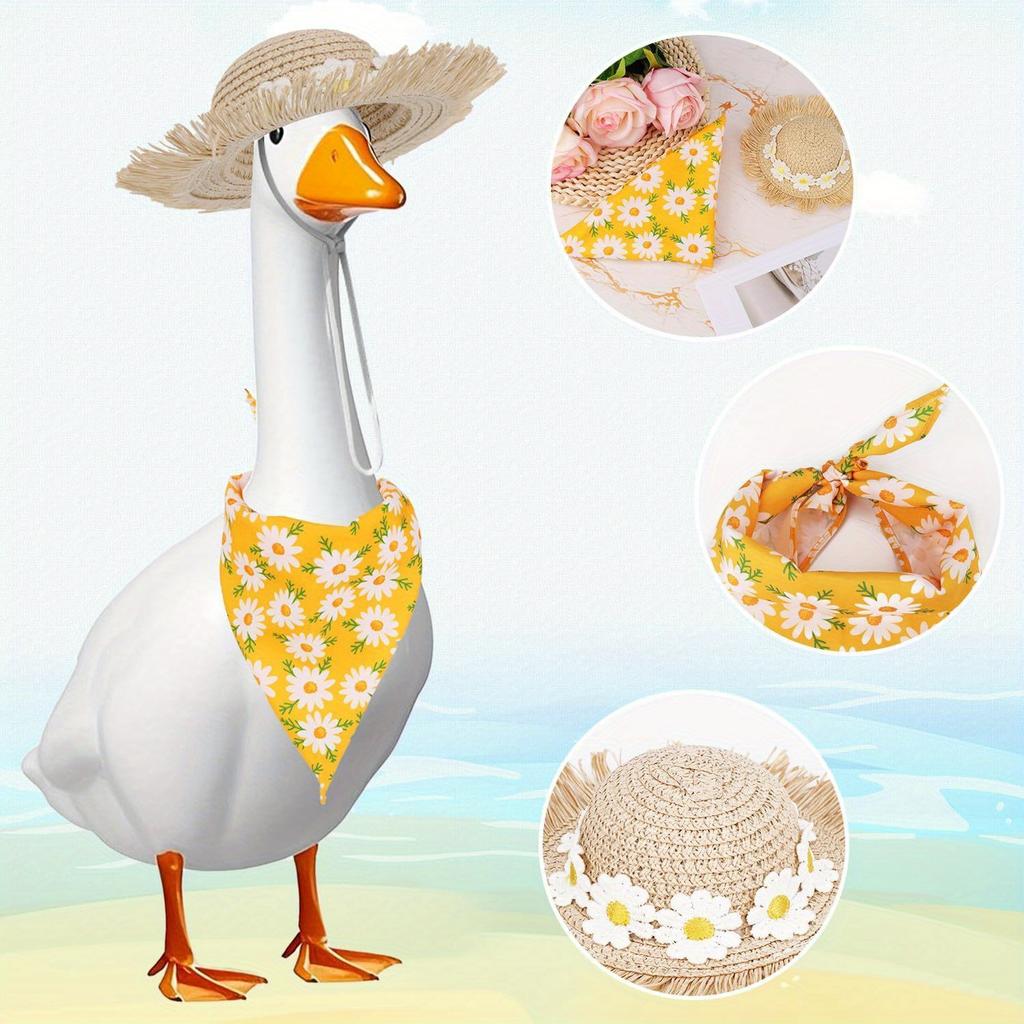 Pastoral Style Porch Goose Outfits, Summer Autumn Goose Clothes Dress Set Buckwheat Hat & Bandana Scarf for 23" Lawn Statue Pet Costume