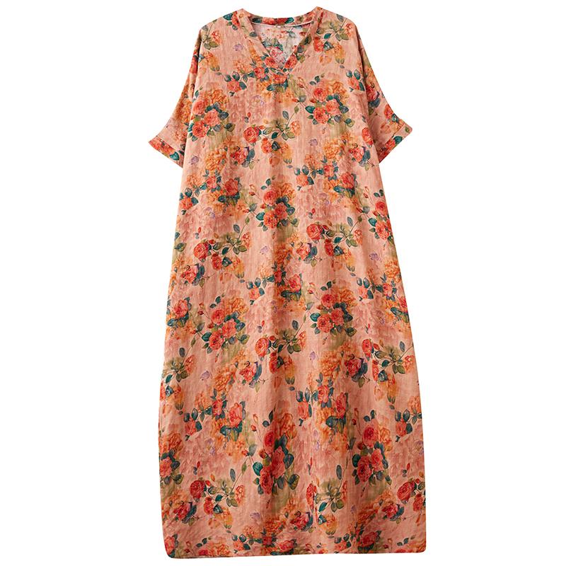 DIMANAF New Women 2025 Plus Size Summer Casual Floral Dress Vintage Long Dress Loose Basic Holiday Maxi